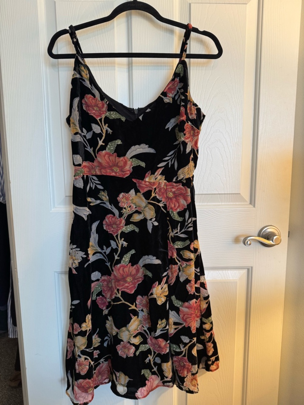 Floral velvet Slip Dress in Black with Pink & Green Blooms